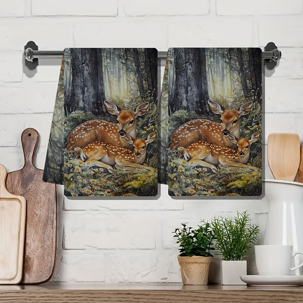 Set of 2 Coastal Style Kitchen Towels, Deer Design, Super Absorbent, 16x24 Inches