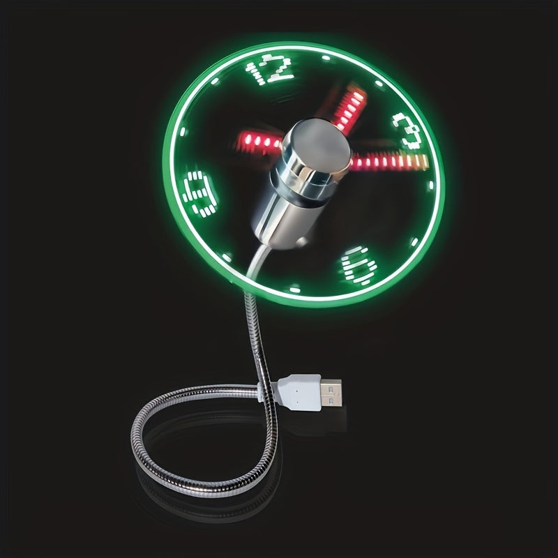 Portable USB LED Clock Fan with Metal Hose and Soft Blades for Desktop and Laptop Cooling