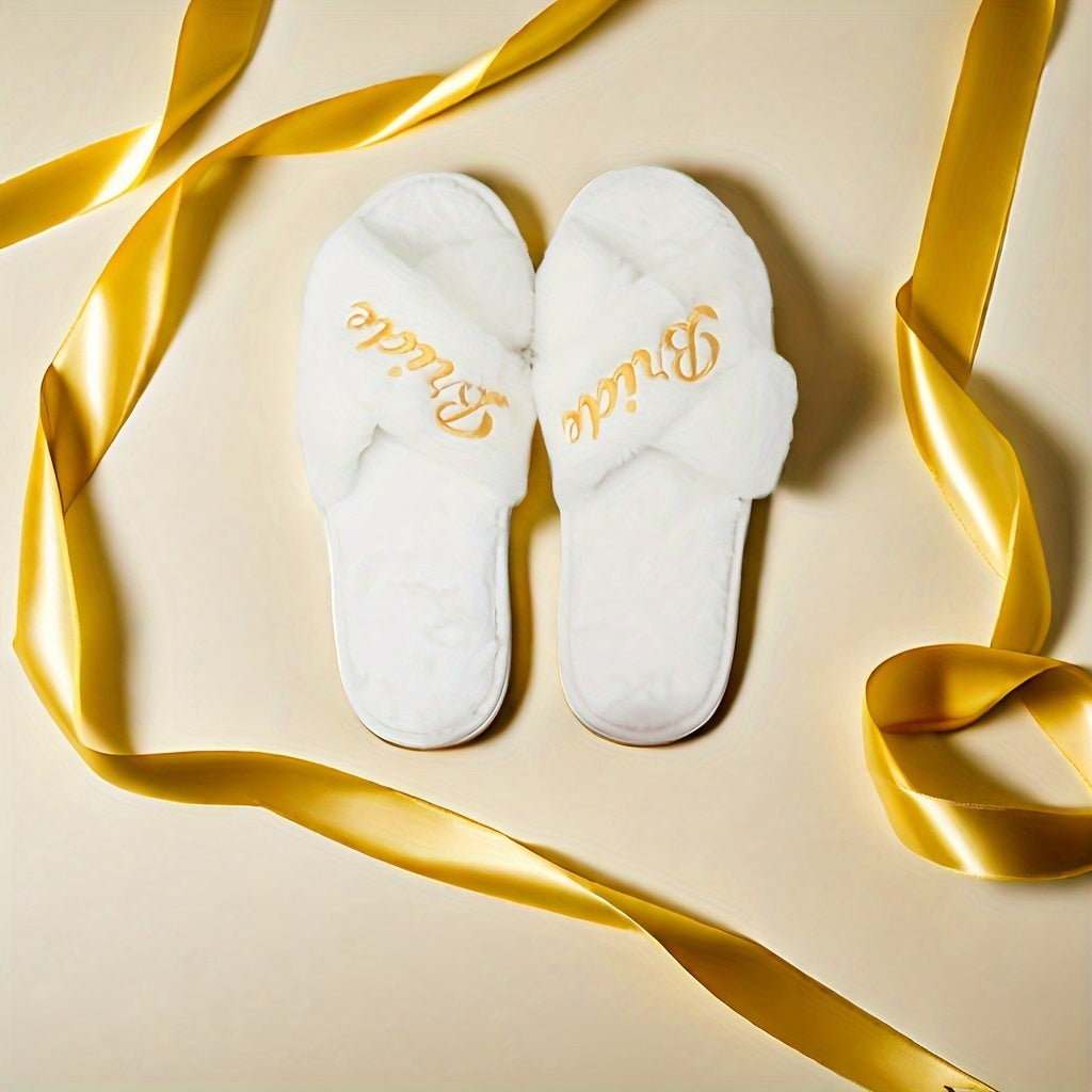 Women Plush Wedding Slippers Cross Shaped Bridesmaid Indoor Shoes