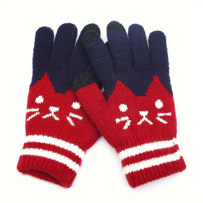 Women's Winter Touch Screen Gloves with Jacquard Cat Design and Warm Polyester