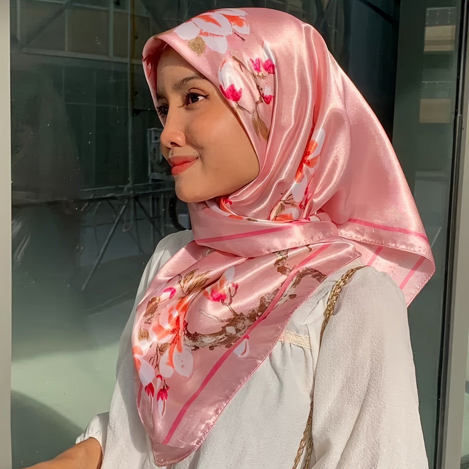 Teal Floral Polyester Square Scarf 89cm Sun Protection Casual Accessory