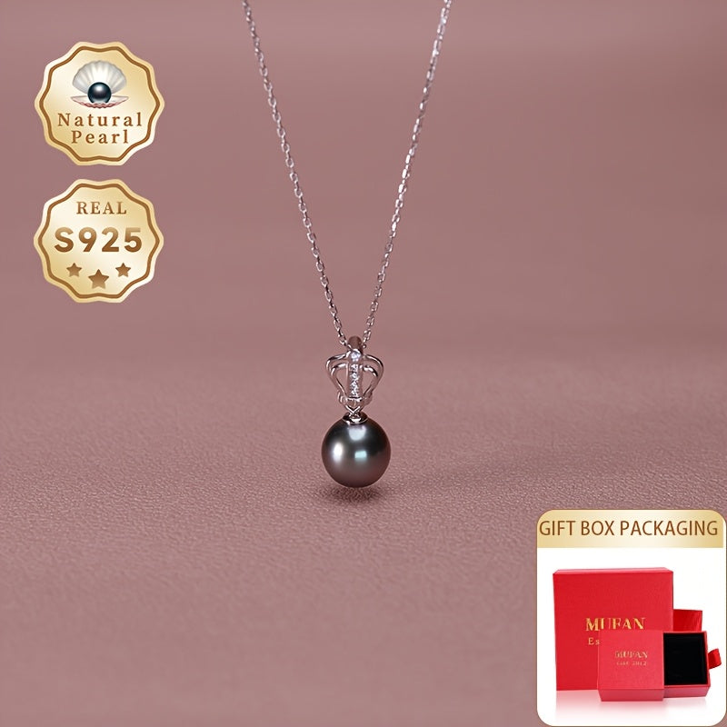 Sterling Silver Necklace with Black Pearl Vintage Crown Design Elegant Jewelry