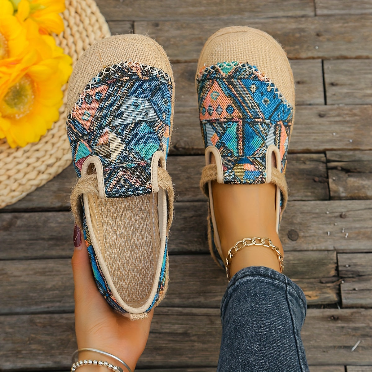 Women's Casual Espadrille Flats, Tribal Pattern Slip-On Breathable Shoes