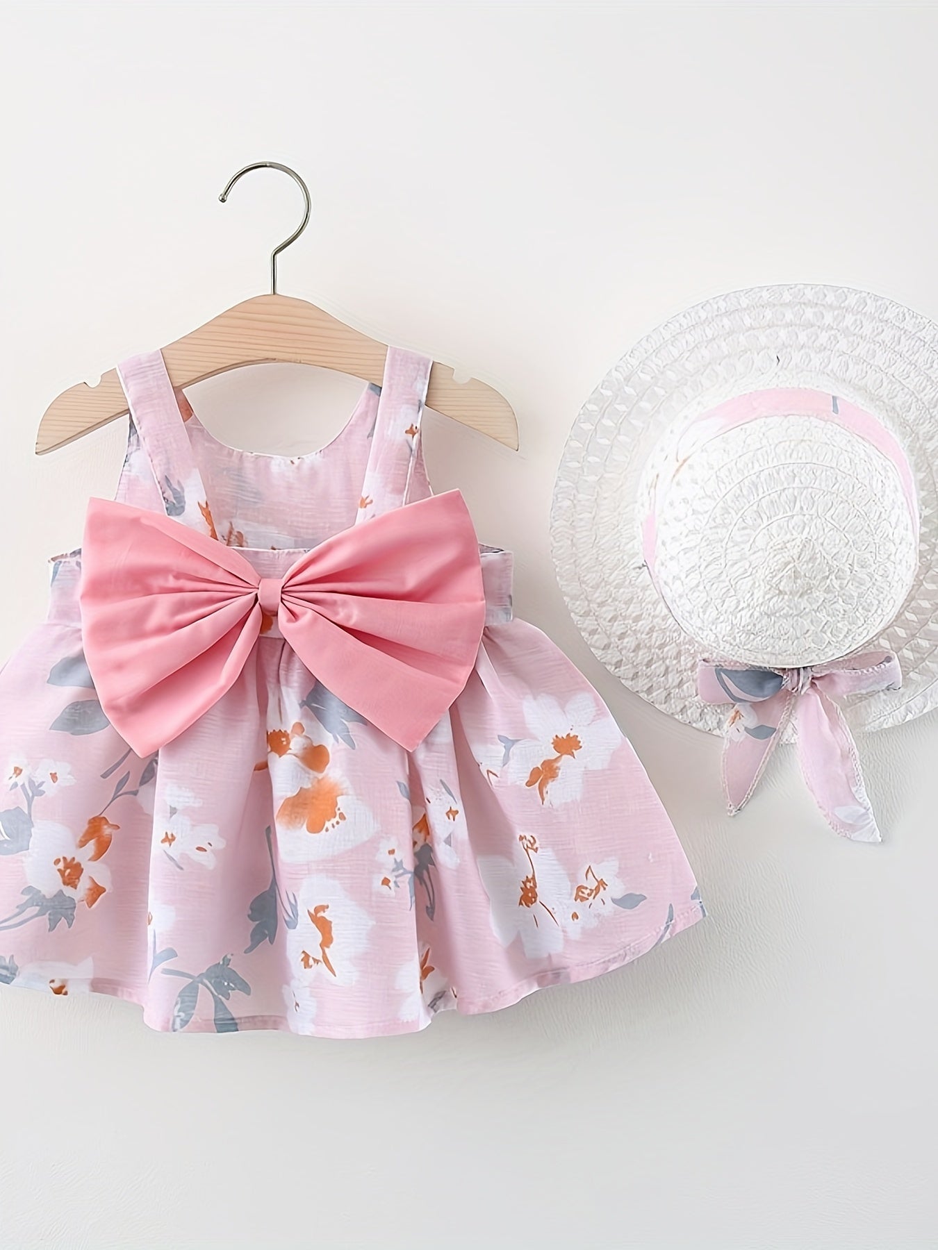 Baby Girls Summer Dress with Flower Print and Matching Hat Set