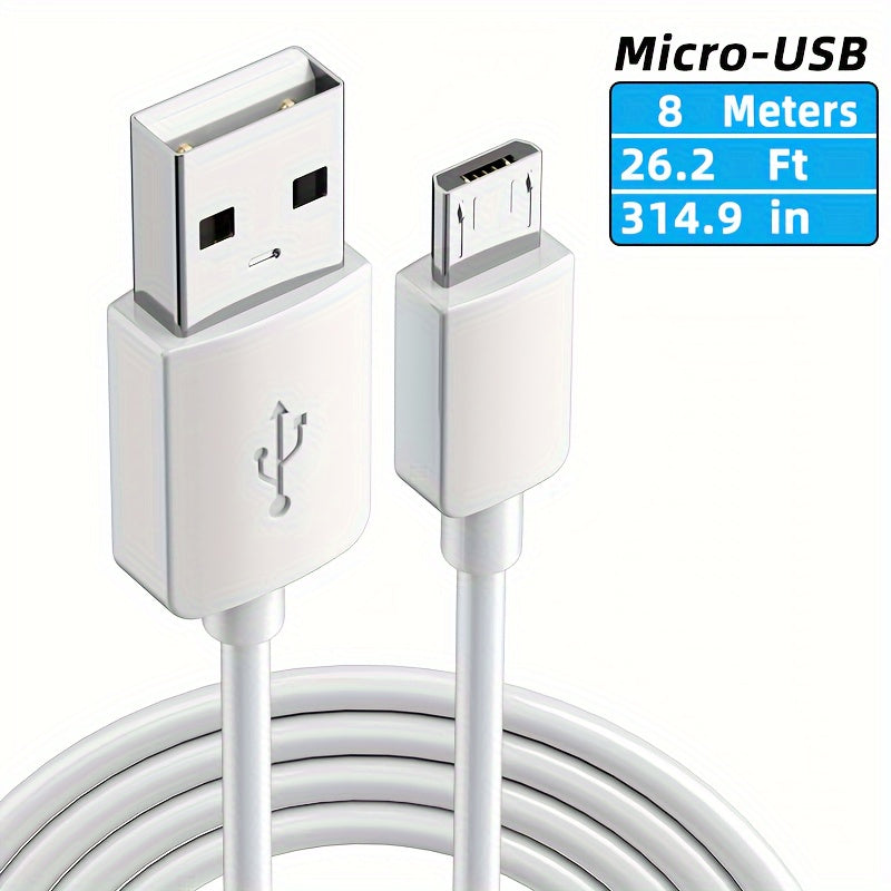 Moslashuvchan Micro-USB Kamera Quvvat Kabeli - Uzaytirilgan uzunliklar mavjud, 5V mosligi, oq, uy xavfsizlik kameralariga mo'ljallangan.