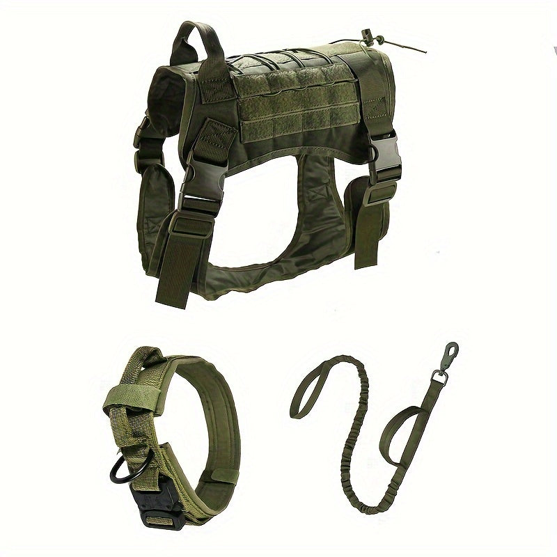 Adjustable Nylon Tactical Dog Harness with Leash for Large Dogs Olive Green Camo