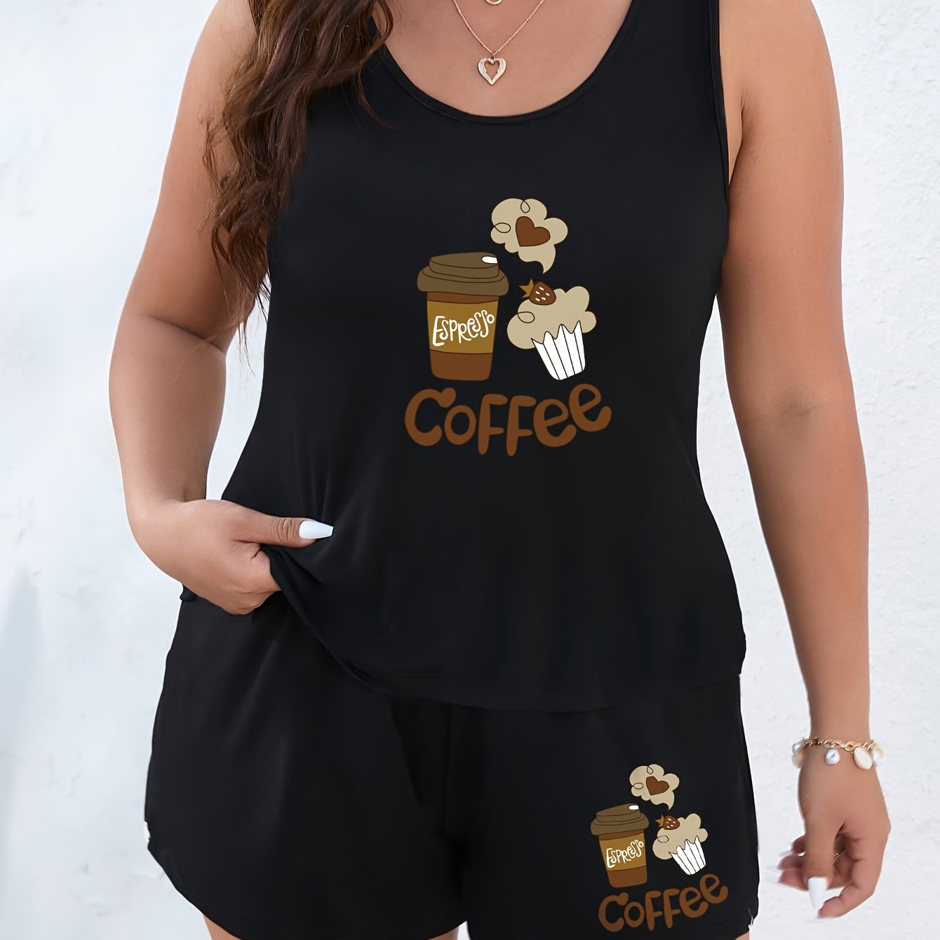 Women's Plus Size Coffee Print Pajama Set Polyester Casual All-Season