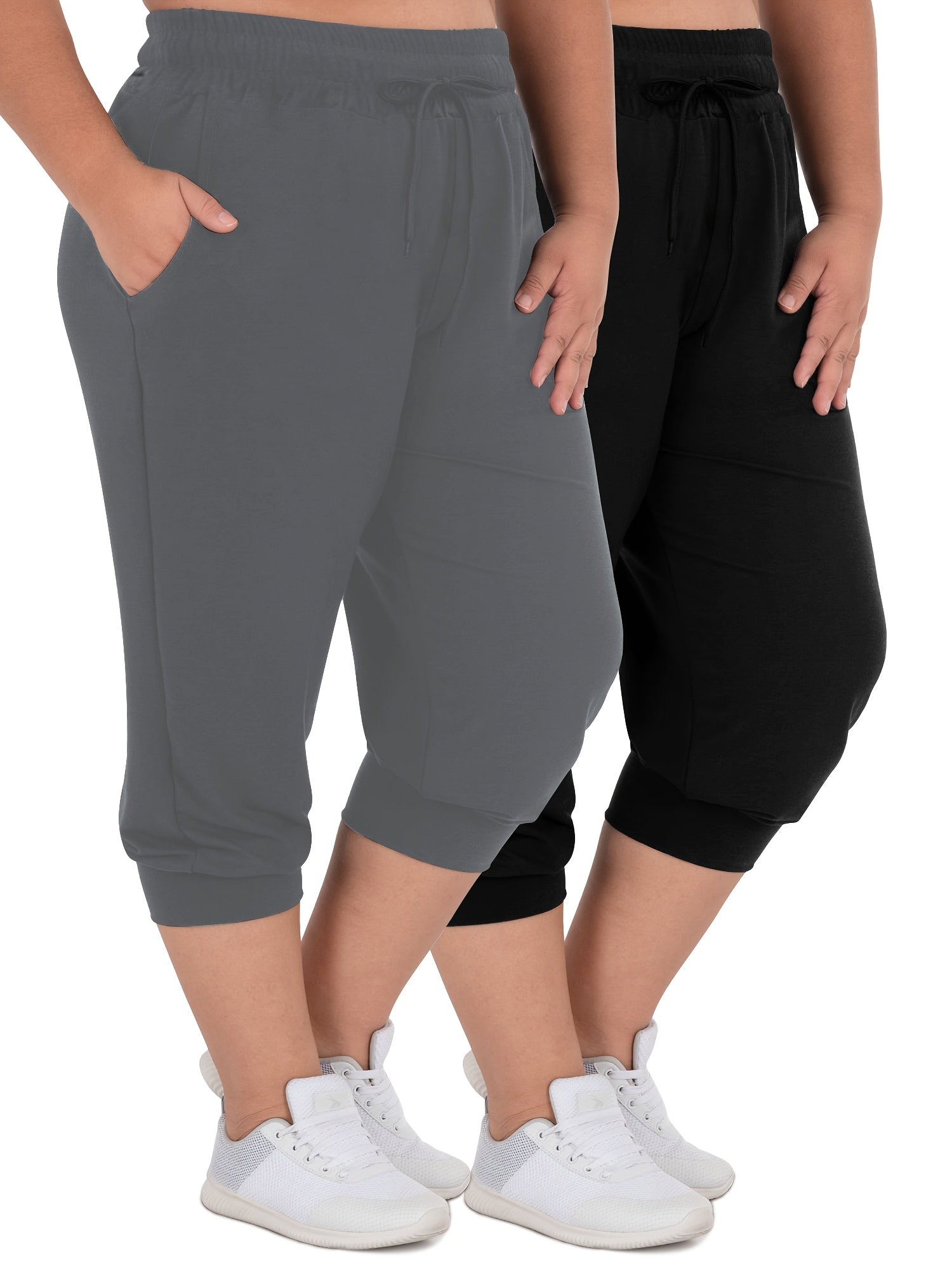 Plus Size Women's Stretchy Capri Joggers Black, Drawstring Waist, Pockets