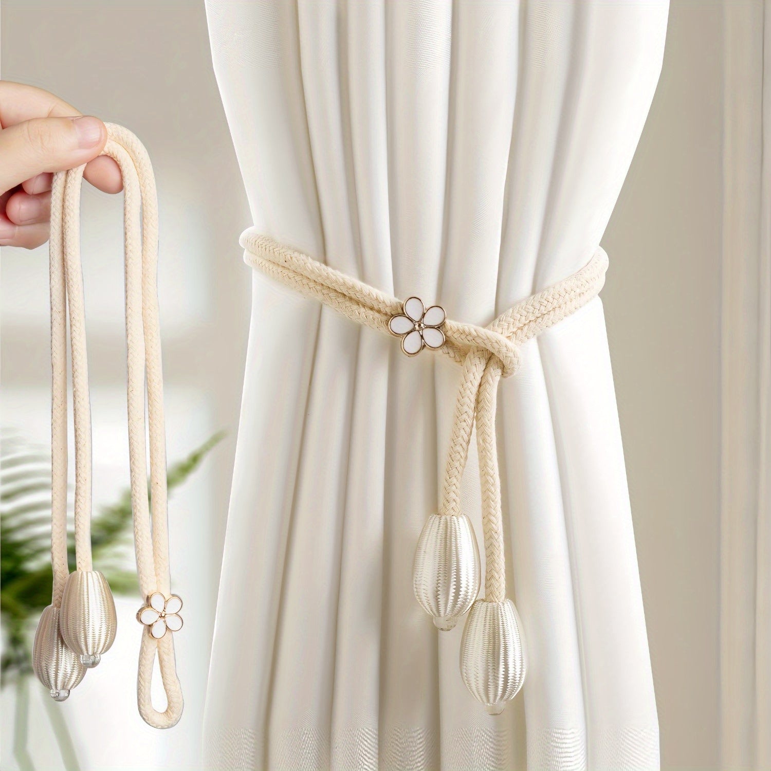 Set of 2 Magnetic Curtain Tiebacks Silk Rope Holdbacks for Living Room and Bedroom