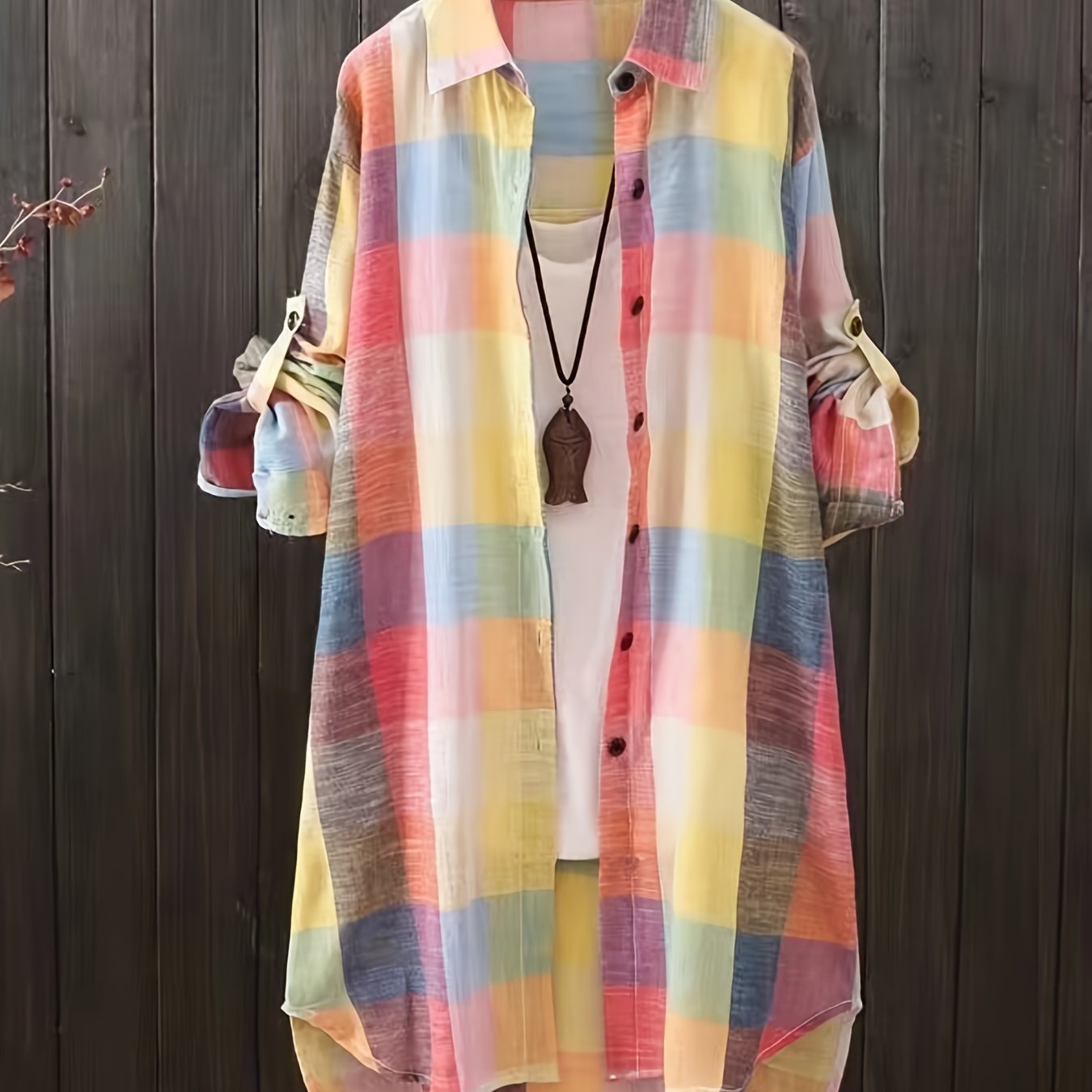 Women's Plaid Shirt Blouse Long Sleeve Button-Up Lightweight Linen Blend Casual All Seasons