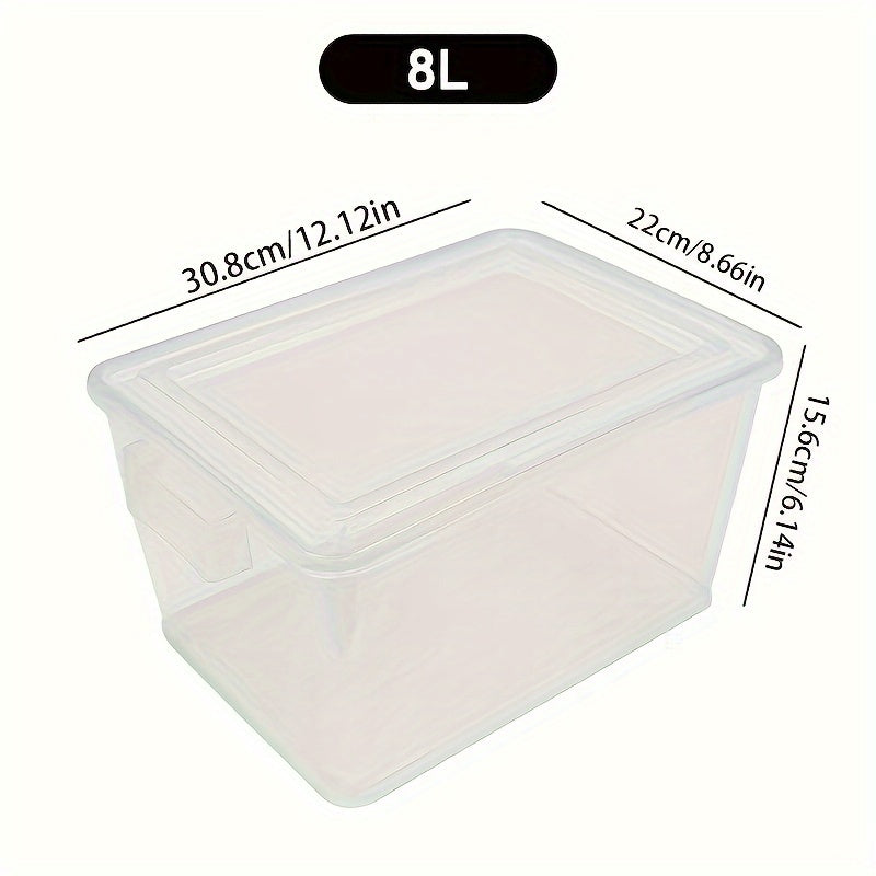 Yirik hajmli shaffof saqlash qutisi, oqib ketmaslik uchun yopiq bilan, tuxum, go‘sht, meva, sabzavot va boshqa oshxona ehtiyojlari uchun ideal. Oshxona tashkilotchisi yoki turli oshxona aksessuarlarini saqlash uchun konteyner sifatida foydalanish mumkin.