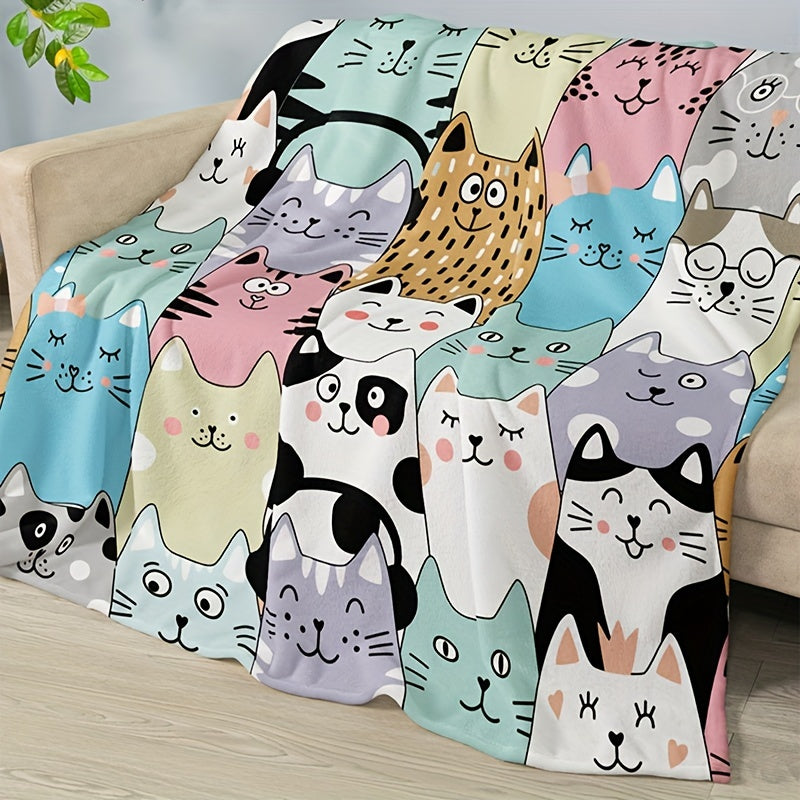 Soft Warm Cartoon Cat Animal Letter Print Flannel Blanket for All Seasons
