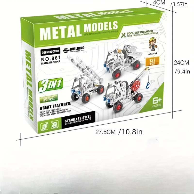 137-Piece Metal Car Building Blocks Set for Kids Ages 3+ Vehicles Toy Gift