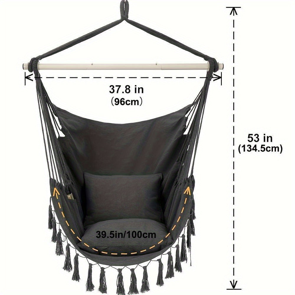 White Canvas Hammock with Tassels and Cushions for Indoor Outdoor Use Supports Up to 226.8 KG