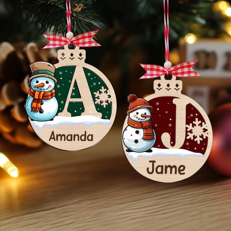 Personalized Wooden Christmas Tree Ornament with Custom Name Snowman Design