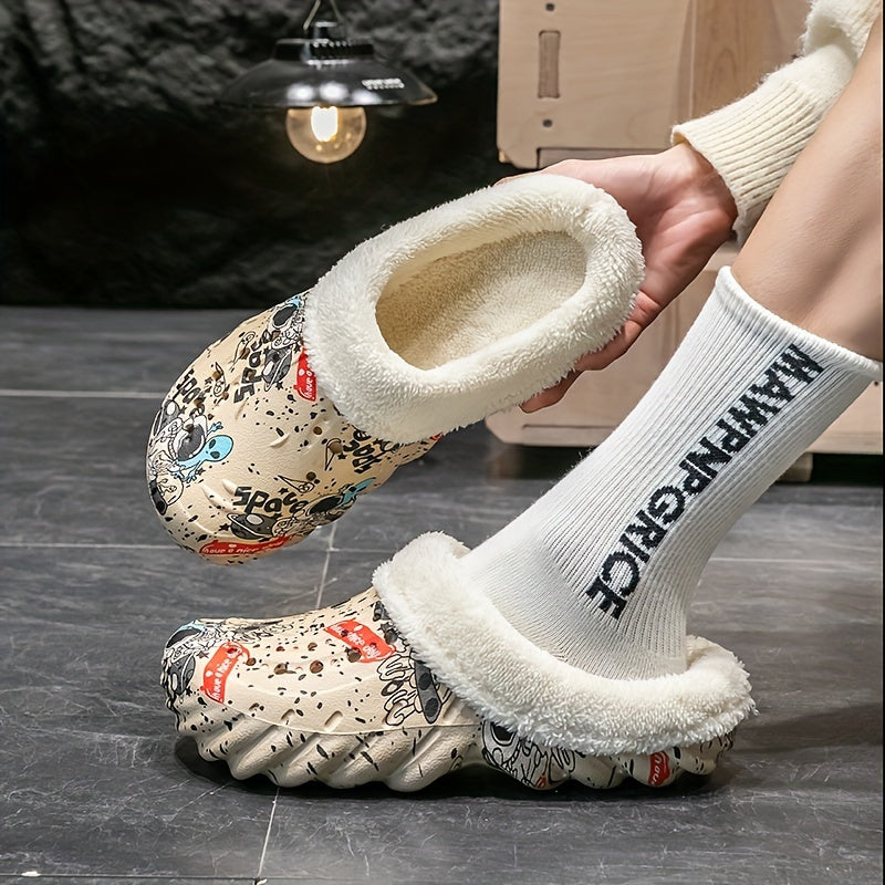 Women's Alien Print Fleece-Lined Clogs Cozy Warm Slip-On Winter Shoes