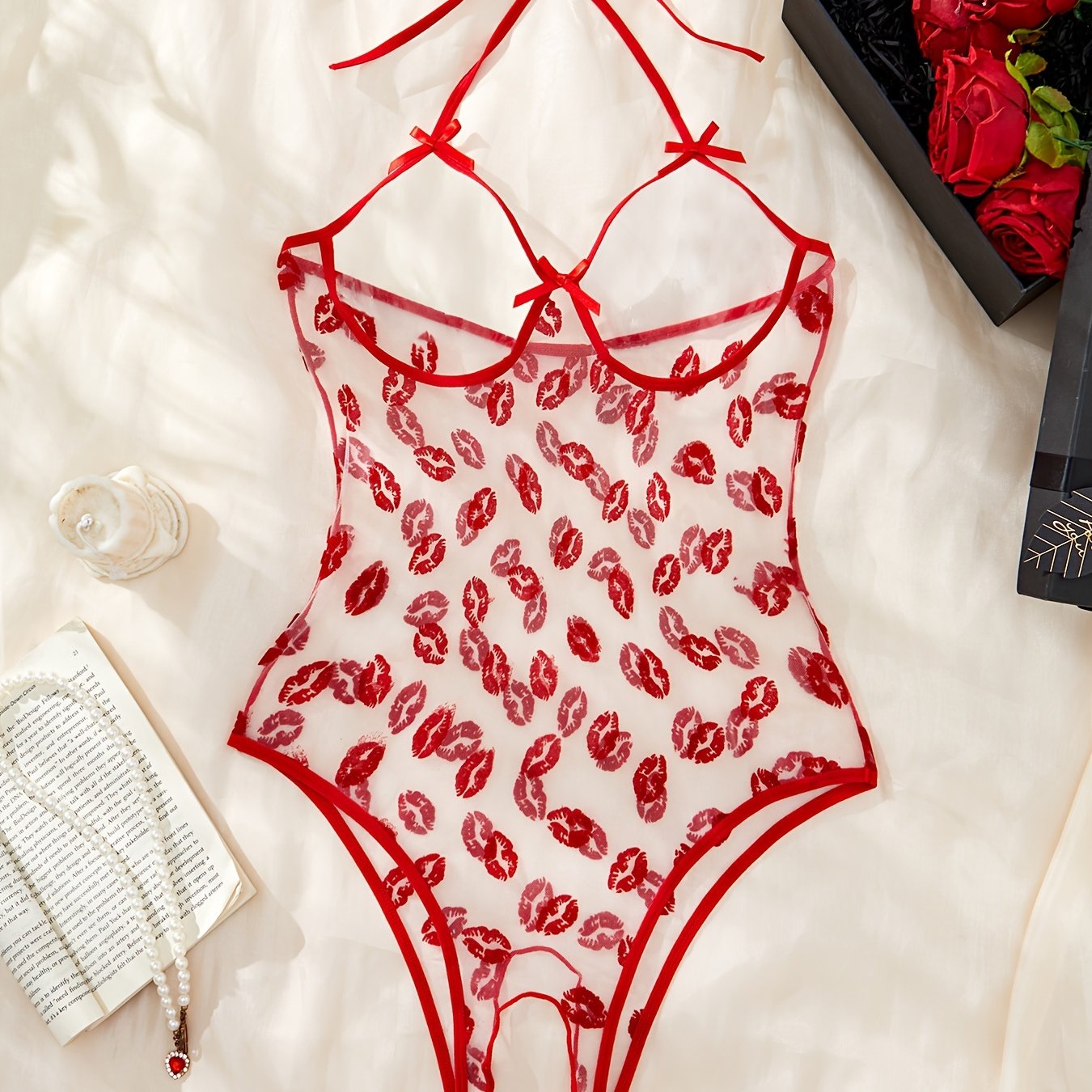 Women's Red Lip Print Bodysuit with Open Crotch