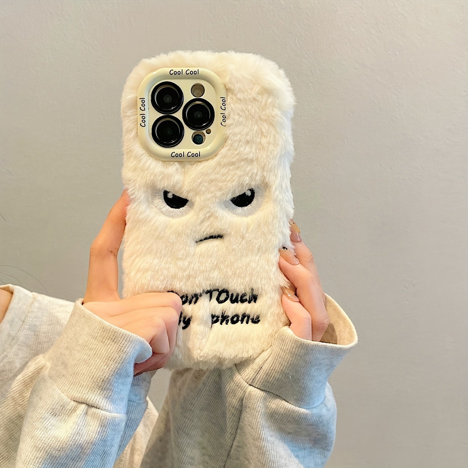 Plush Phone Case for iPhone 13-16 Pro Max with "Don't Touch My Phone" Expression and Lens Protection