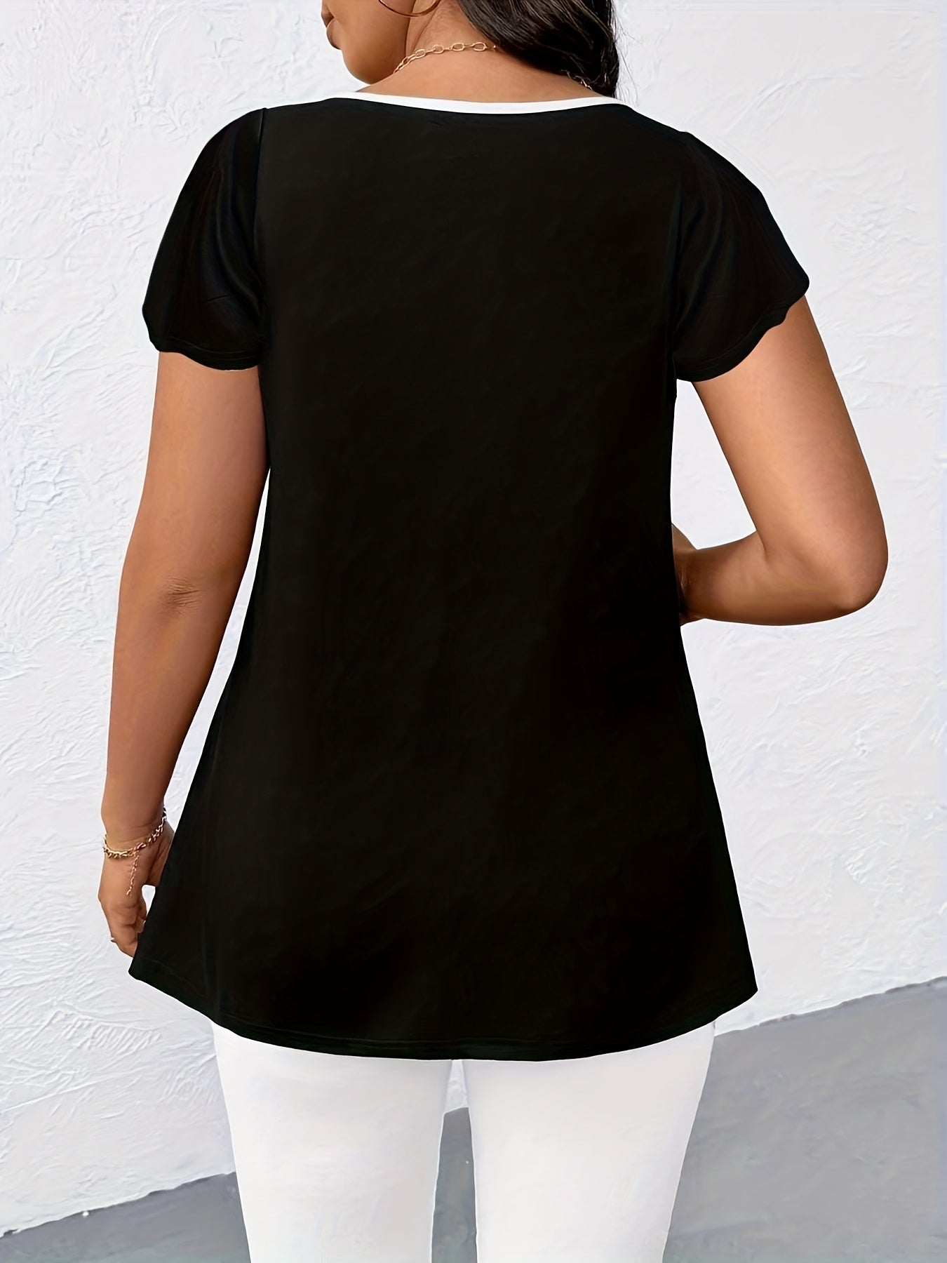 Plus Size Women's Navy Blue White Contrast Bow Short Sleeve Top Casual Summer Blouse