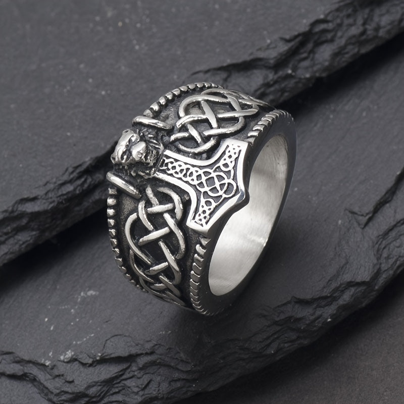Men's Vintage Lion Head Thor's Hammer Ring Stainless Steel Amulet Jewelry