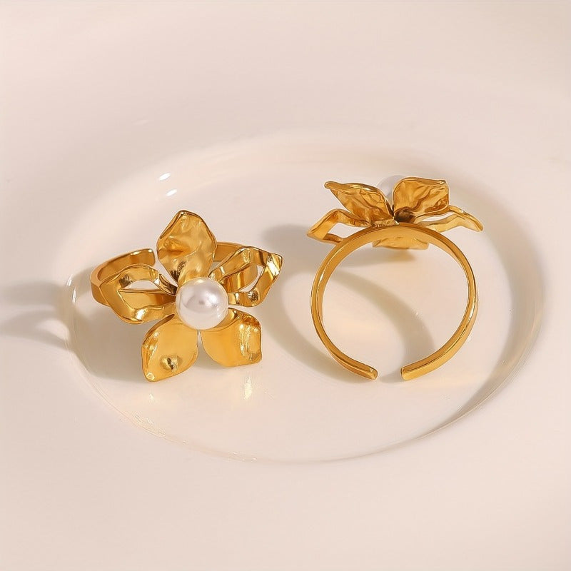 Women’s Titanium Steel Ring with Open Flower Design and Imitation Pearl