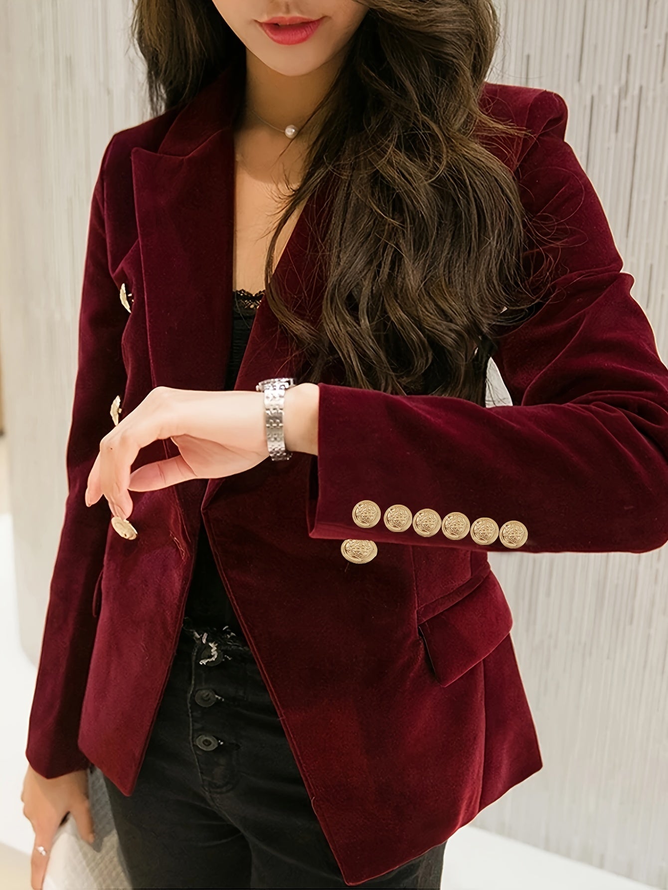 Women's Velvet Pea Coat Double-Breasted Long Sleeve Solid Color Fall Winter