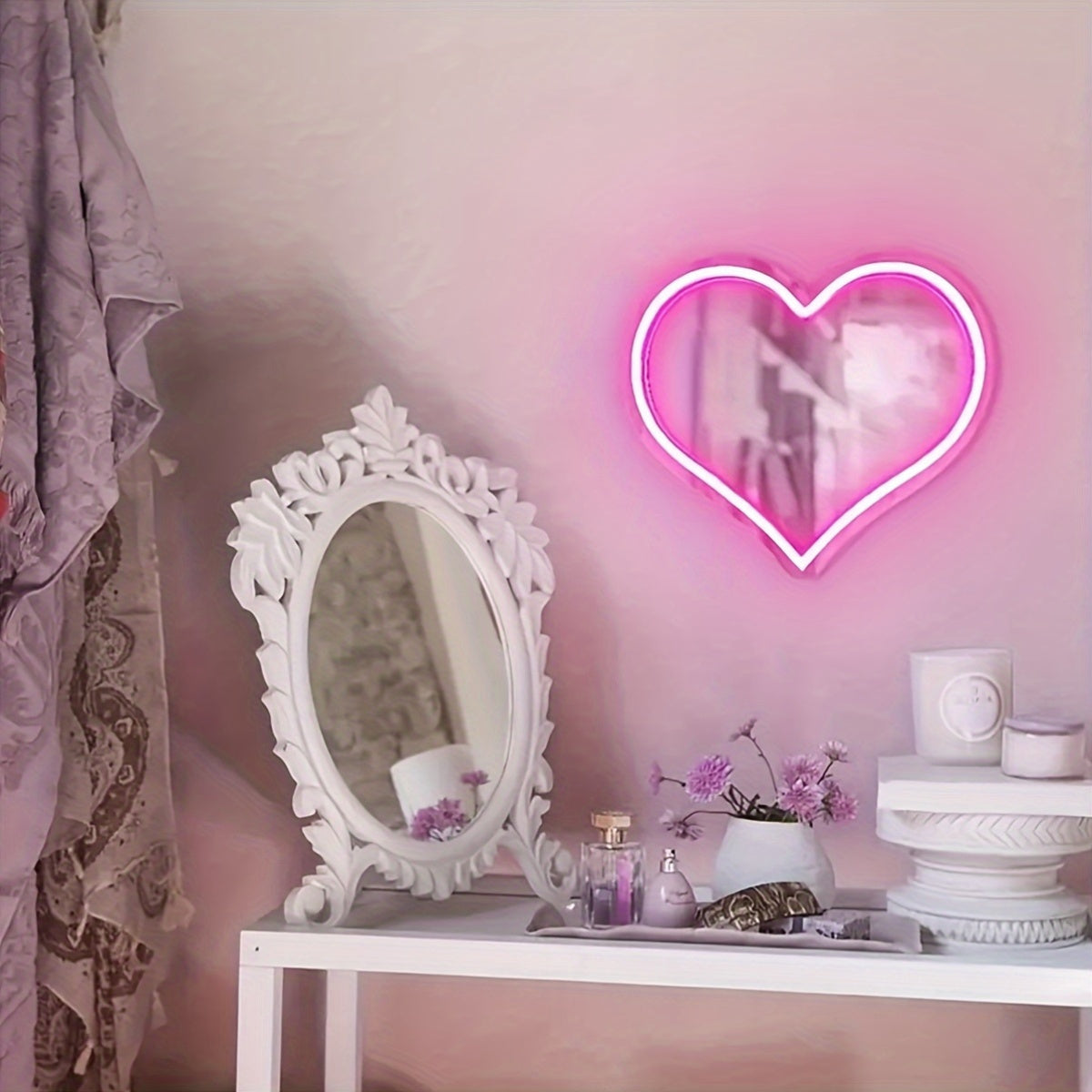 Pink Heart Neon Wall Decor USB-Powered Mirror with Switch Control
