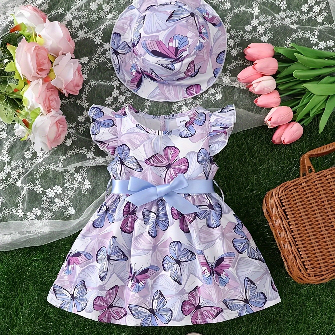 Toddler Girls Butterfly Print Summer Dress with Flutter Sleeves and Matching Hat