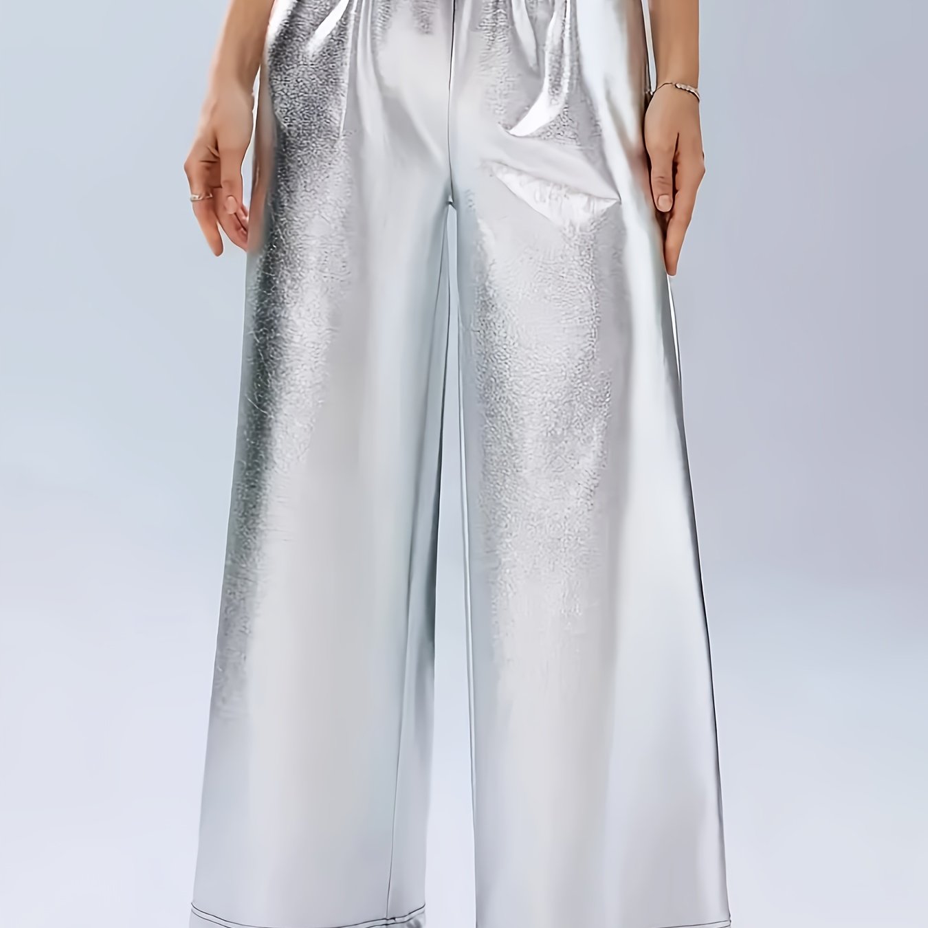 Women's Plus Size Metallic Wide Leg Pants Elastic Waist Shiny Polyester