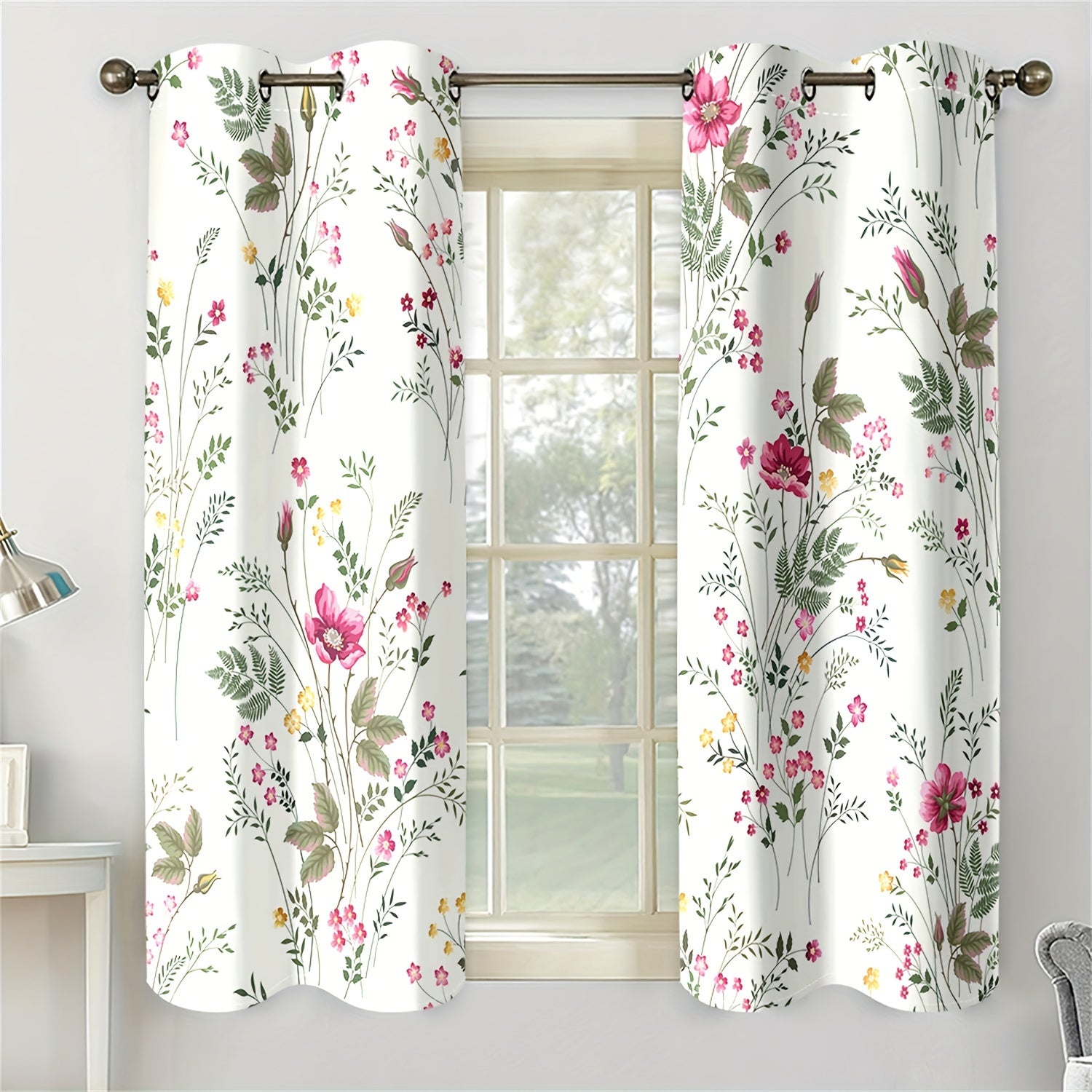 Floral and Green Plant Digital Print Curtains 2-Piece Set Fade-Resistant Machine Washable