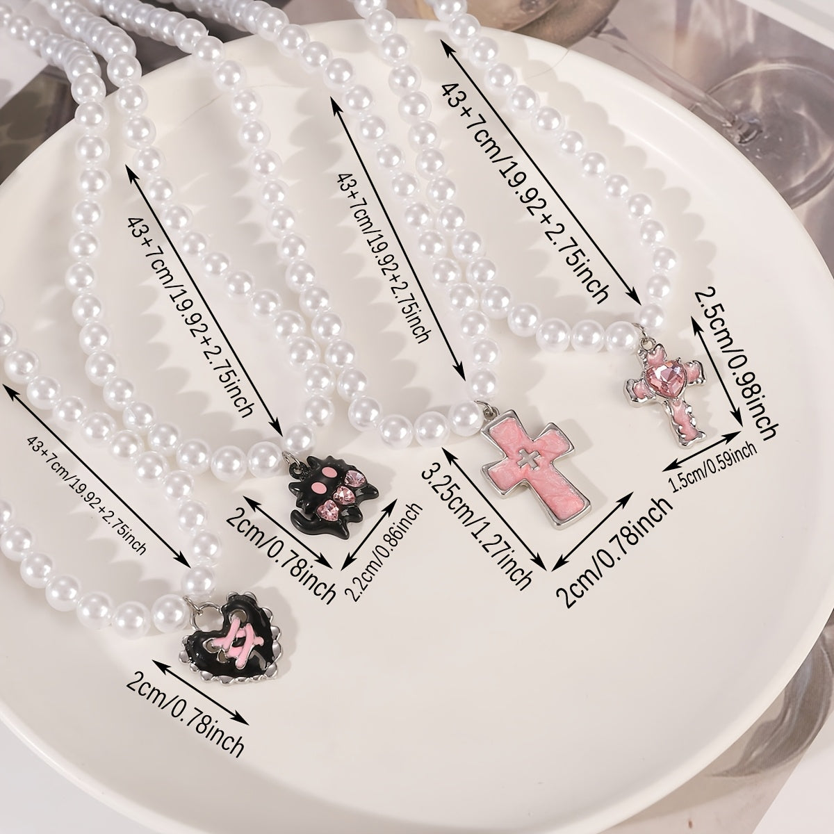 Women's Y2K Style Necklace Set with Faux Pearl Pink Monster Heart Cross Pendants 4 Pieces Jewelry Gift