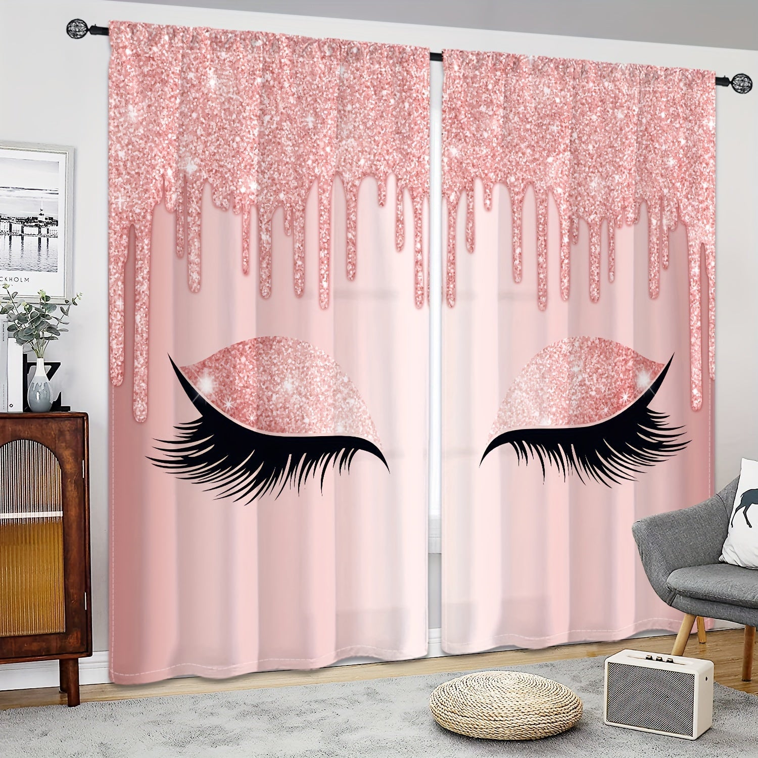 Set of Two Eyelash Printed Curtains, Rod Pocket Window Treatments for Bedroom and Living Room
