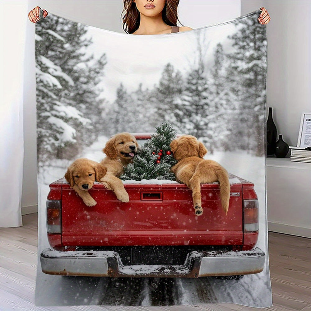 Flannel Fleece Throw Blanket with Cartoon Golden Retrievers and Red Truck Winter Theme Hypoallergenic Quilted Gift