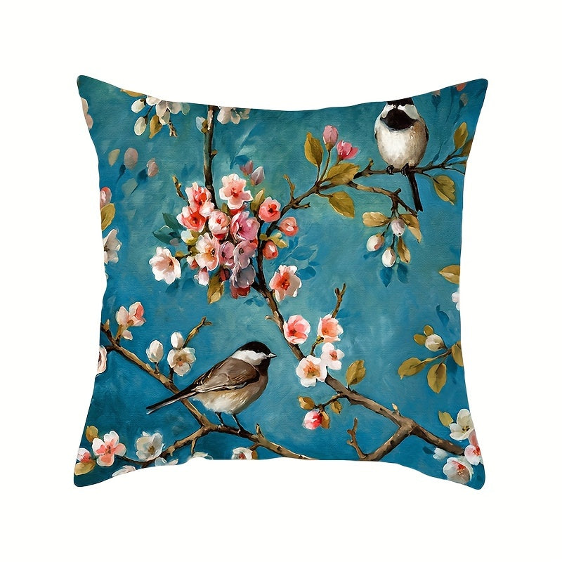 Floral and Bird Print Throw Pillow Cover Stain Resistant Polyester Zipper Closure