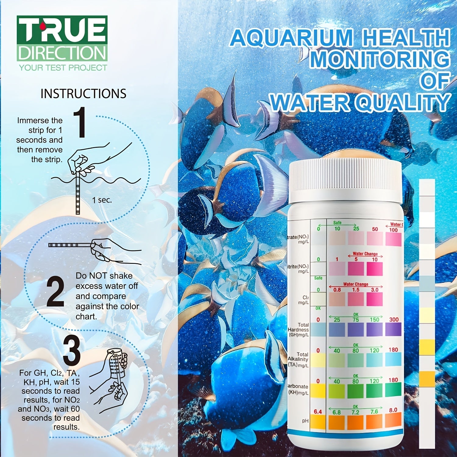 7-Way Aquarium Test Strips for Freshwater Saltwater Fish Tanks Ponds Water Quality