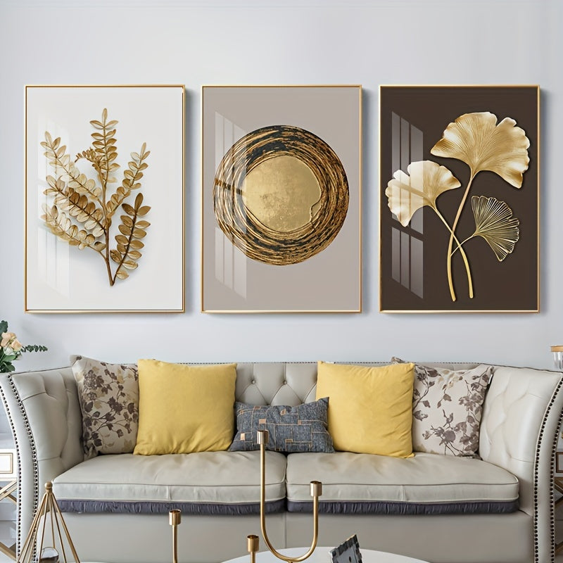 Set of 3 Modern Gold Leaf Wall Art Prints Frameless Ginkgo and Wheel Nordic Decor