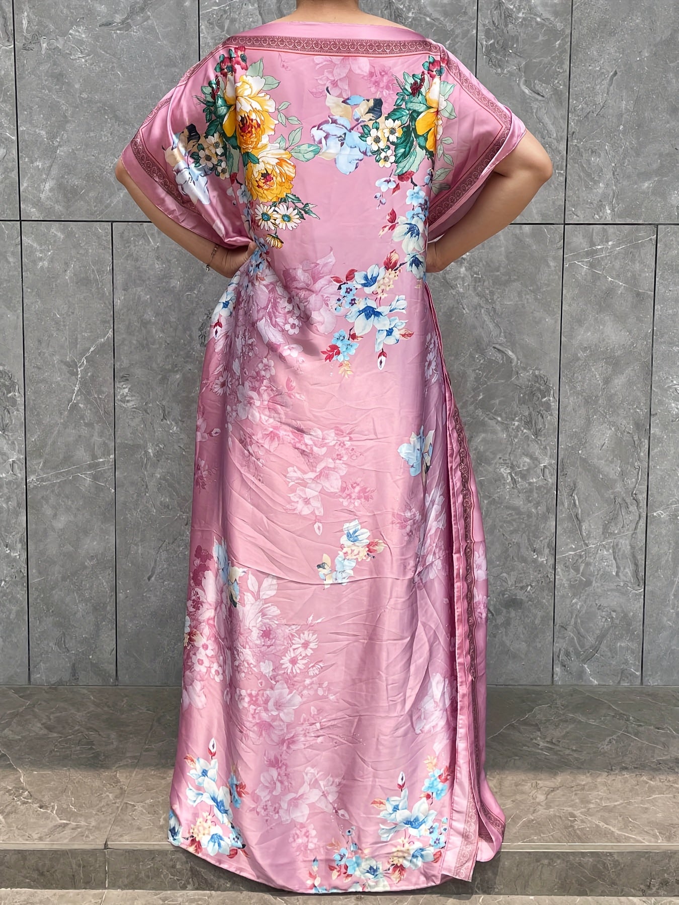 Plus Size Polyester Turkish Kafatan Robe with Scarf Pink Floral Geometric