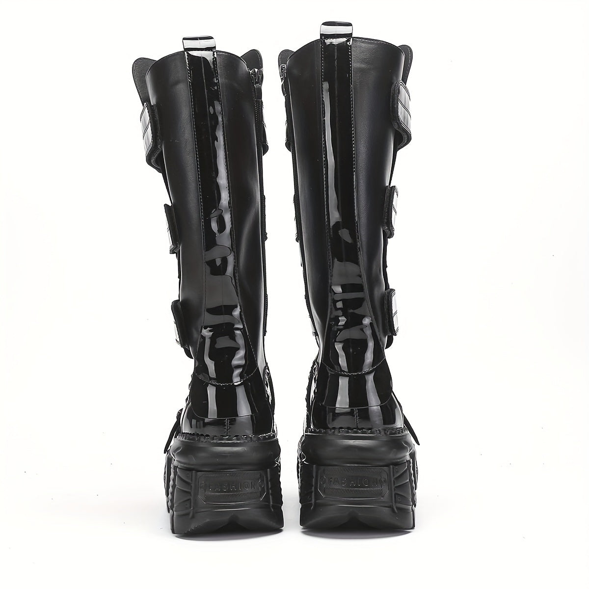 Women's Black Leather Punk Platform Boots Heavy Metal Thick Soles