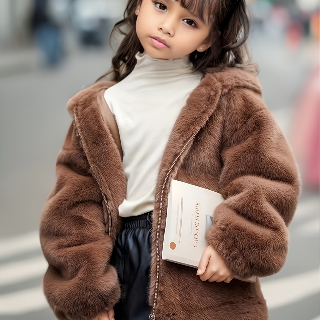 Детский пуховик из искусственного меха с капюшоном в виде медвежьих ушей для теплой зимней одежды