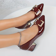 Women's Elegant Pointed Toe Mary Jane Heels Glossy Black with Gold Buckle