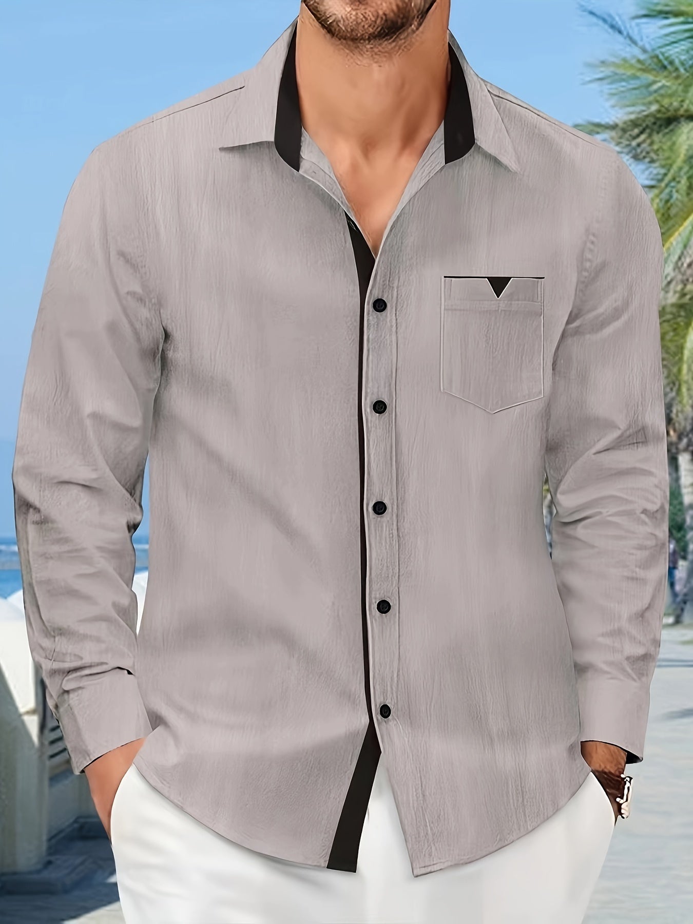 Men's Cotton Linen Patchwork Dress Shirt with Lapel Collar for Formal Events