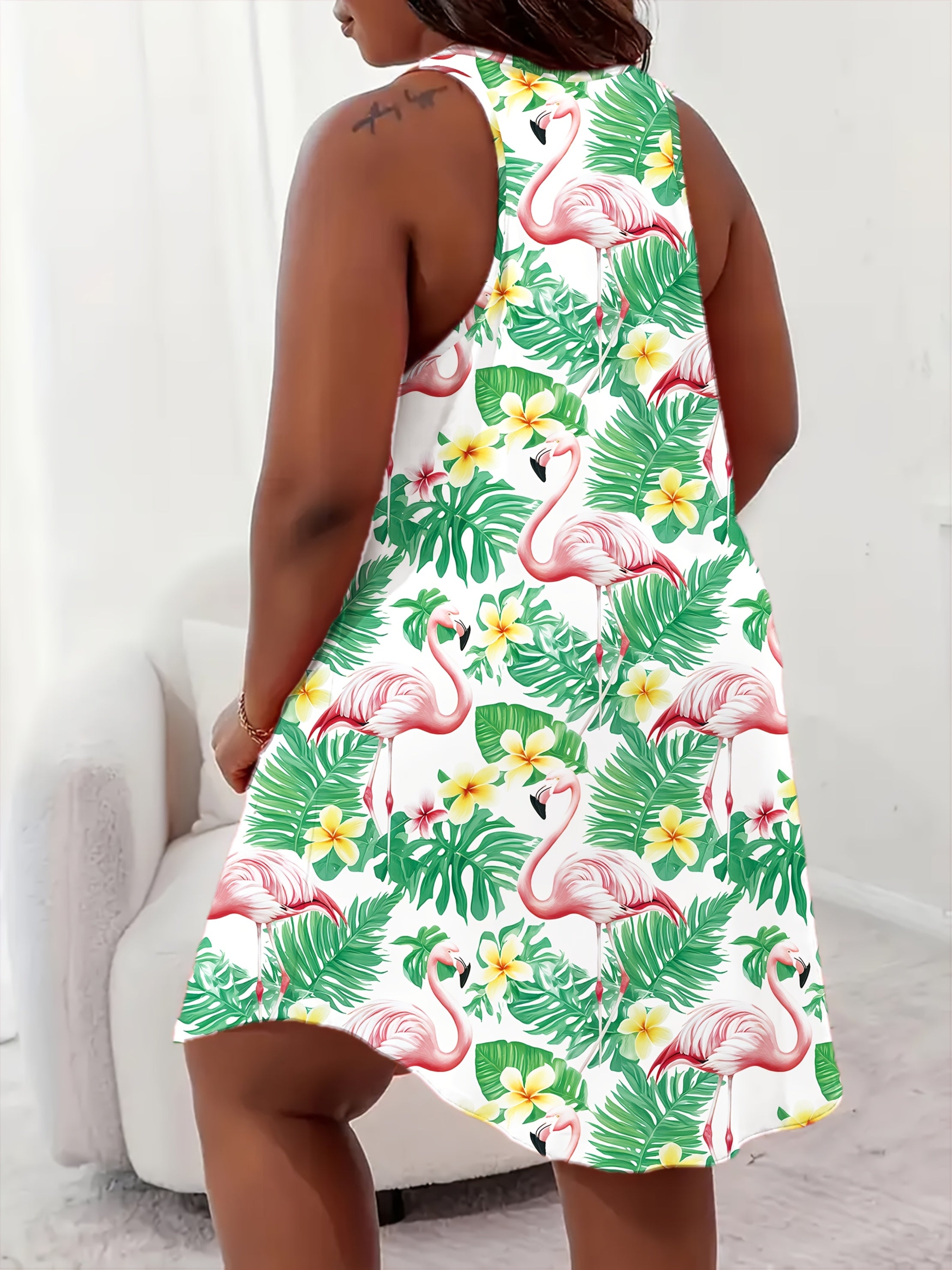 Plus Size Women's Tropical Flamingo Print Sleep Dress Off-Shoulder Soft Stretchy Fabric