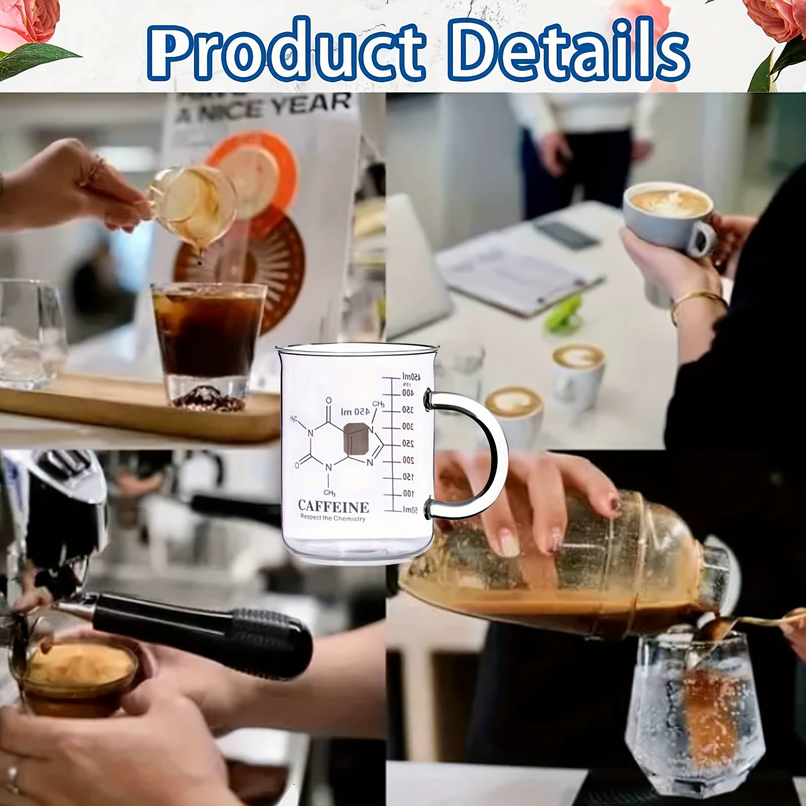 16 Oz Insulated Glass Coffee Mug with Handle and Measuring Markings for Hot and Cold Beverages