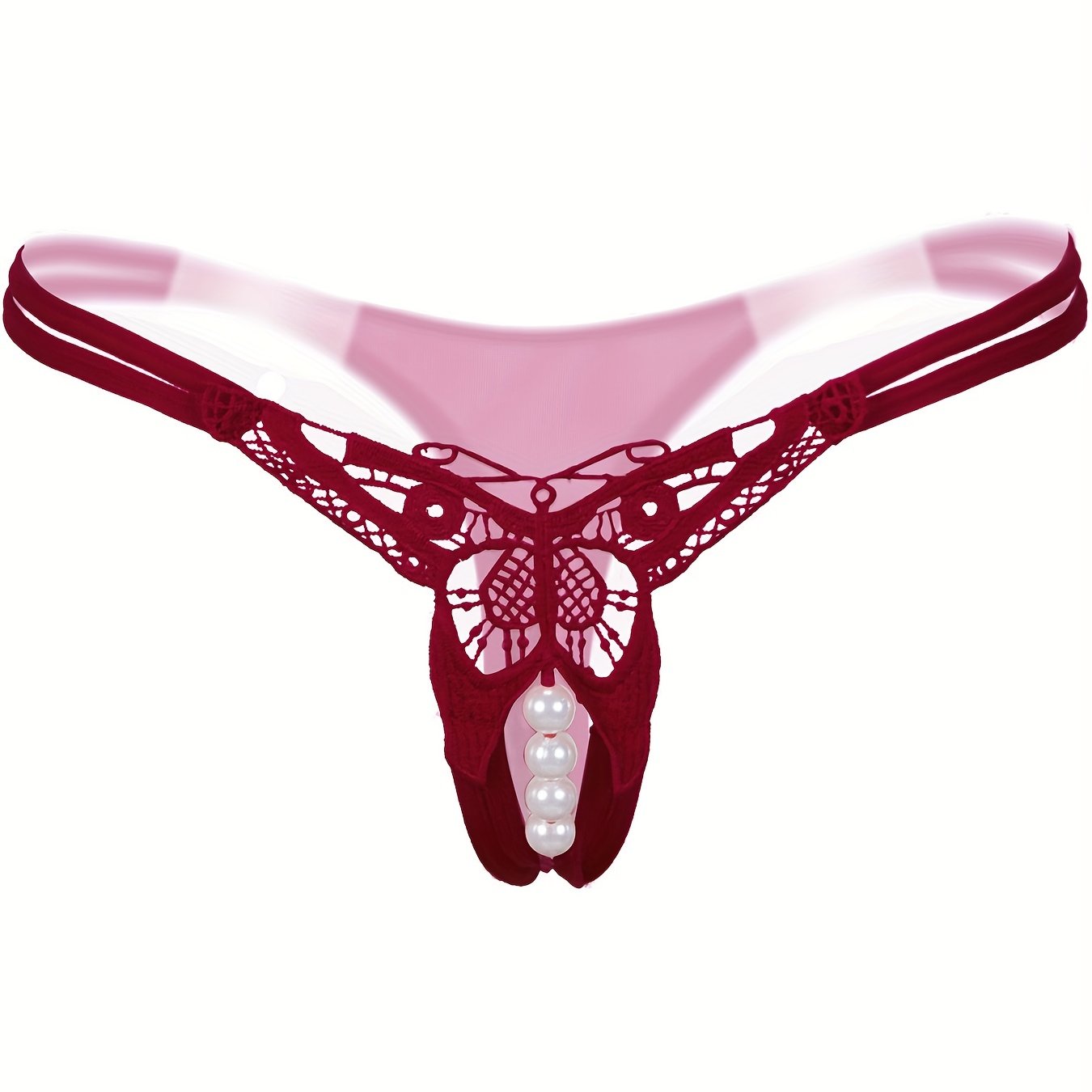 Women's Low-Rise Embroidered Sheer Thong with Pearl Accents
