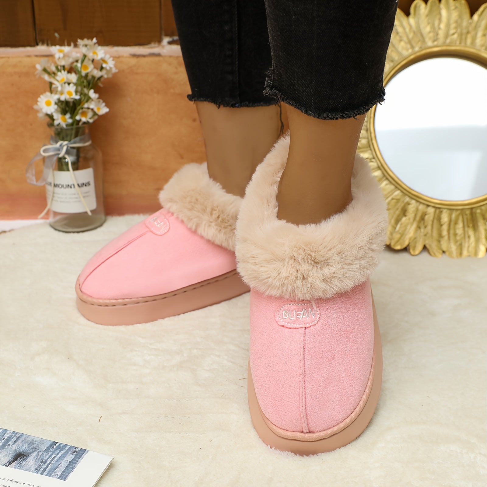 Women's Winter Slippers Indoor Outdoor Cushioned EVA Brown White Plush