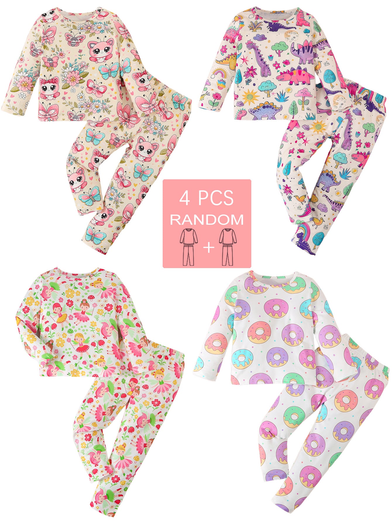 Girls' 4-Piece Pajama Set with Butterfly, Donut, Dinosaur Patterns in Polyester Blend for Kids