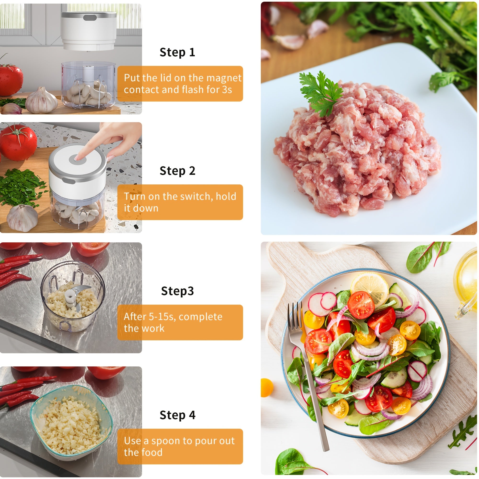 8.45oz sigʻimiga ega USB qayta zaryadlanadigan mini oziq-ovqat maydalagich. Sabzavotlar, mevalar, sarimsoq, piyoz, chili, selderey va zanjabilni maydalash uchun ideal. Goʻsht maydalash funksiyasini oʻz ichiga oladi. Portativ oshxona