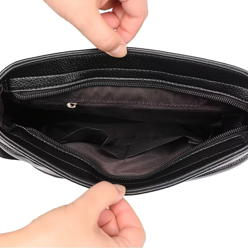 Black Lychee Pattern Crossbody Bag for Men with Adjustable Strap and Multiple Compartments