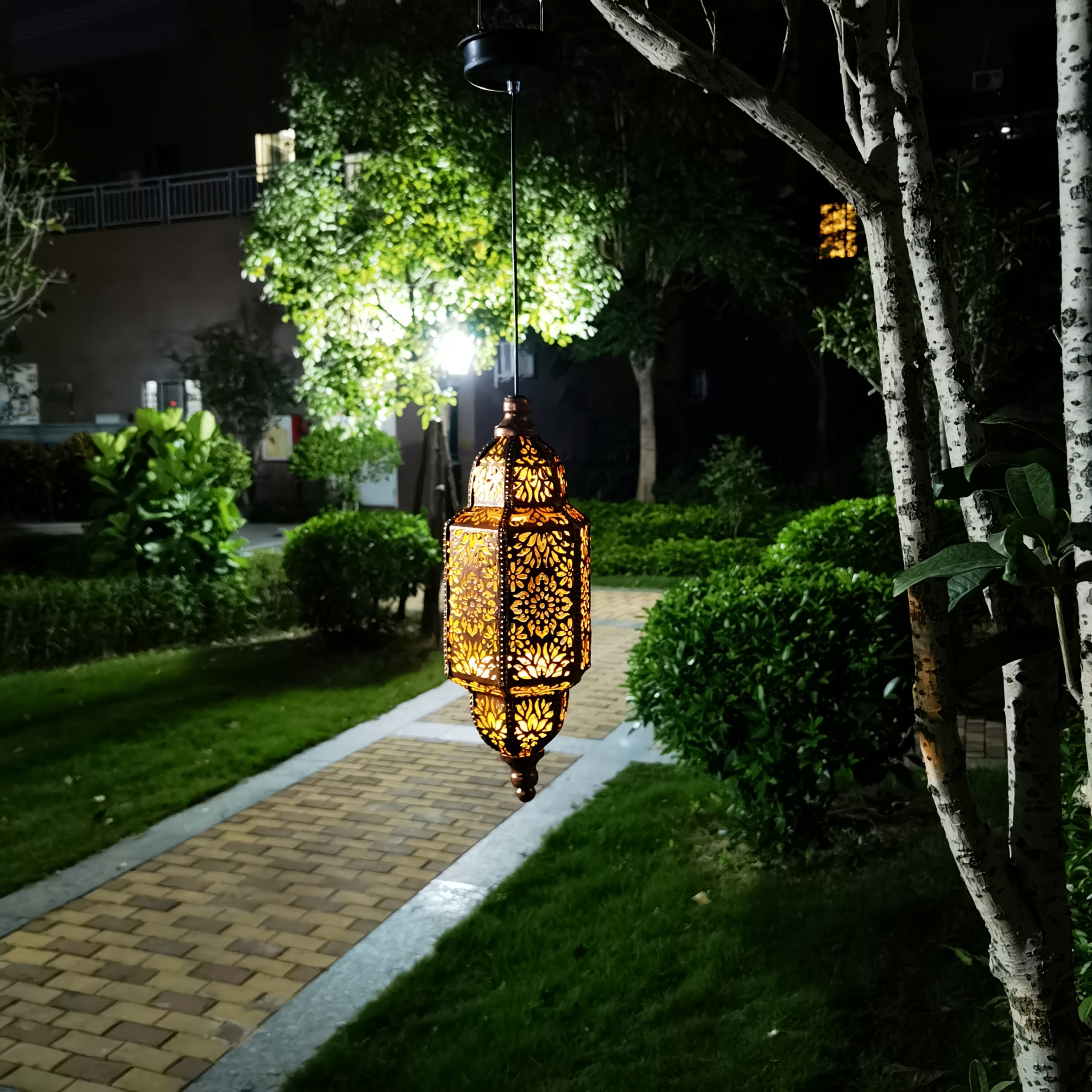 Moroccan Hexagonal Solar Lantern with Flower Projections for Outdoor Decoration