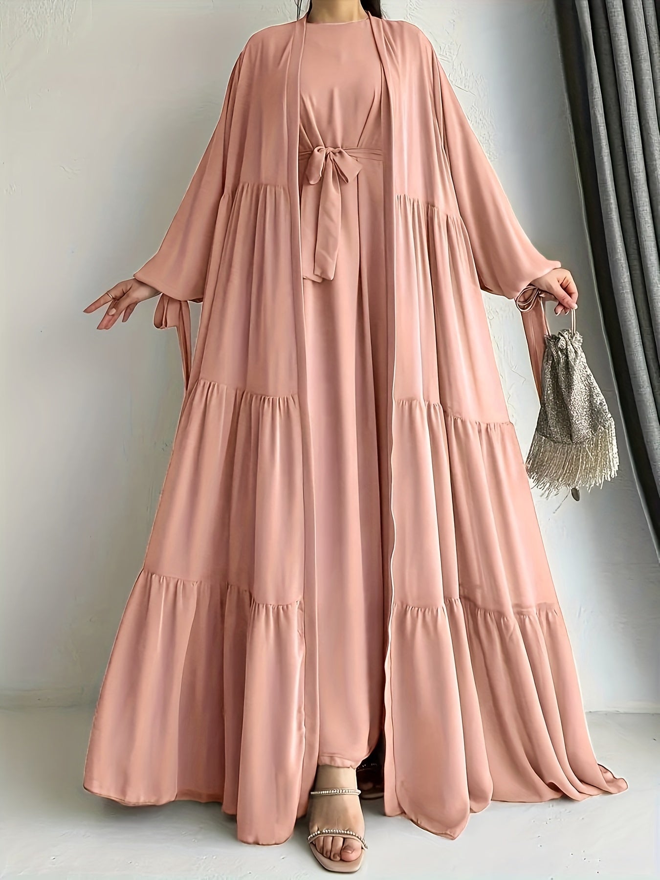 Middle Eastern Abaya Set with Chiffon Robe and Belt Long Sleeve Lantern Ruffle Hem Solid